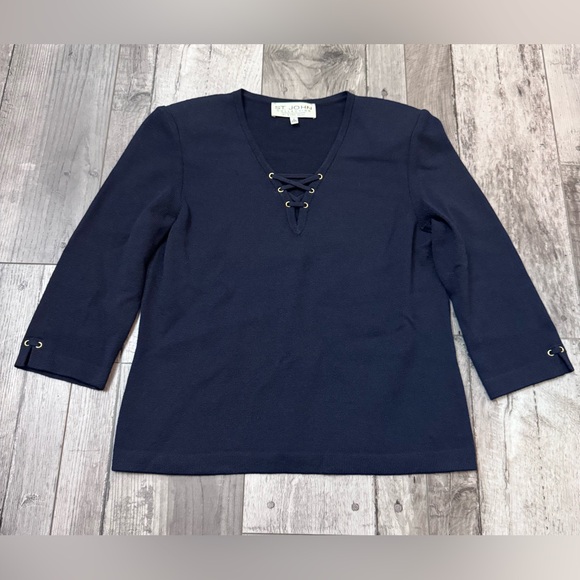 St. John Collection Navy Lace Up V-Neck Santana Knit Wool...